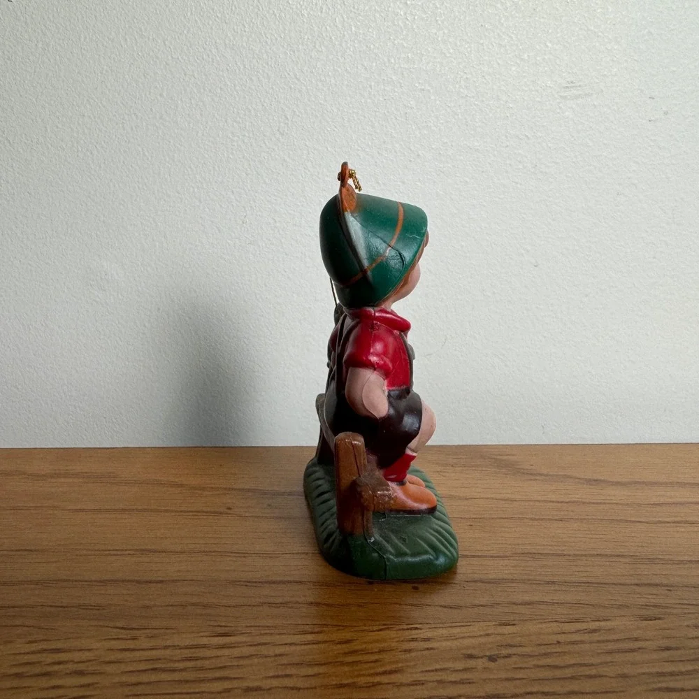 Vintage Plastic Ornament Folk Style Boy Bird Sitting Fence 1970s Figurine‎